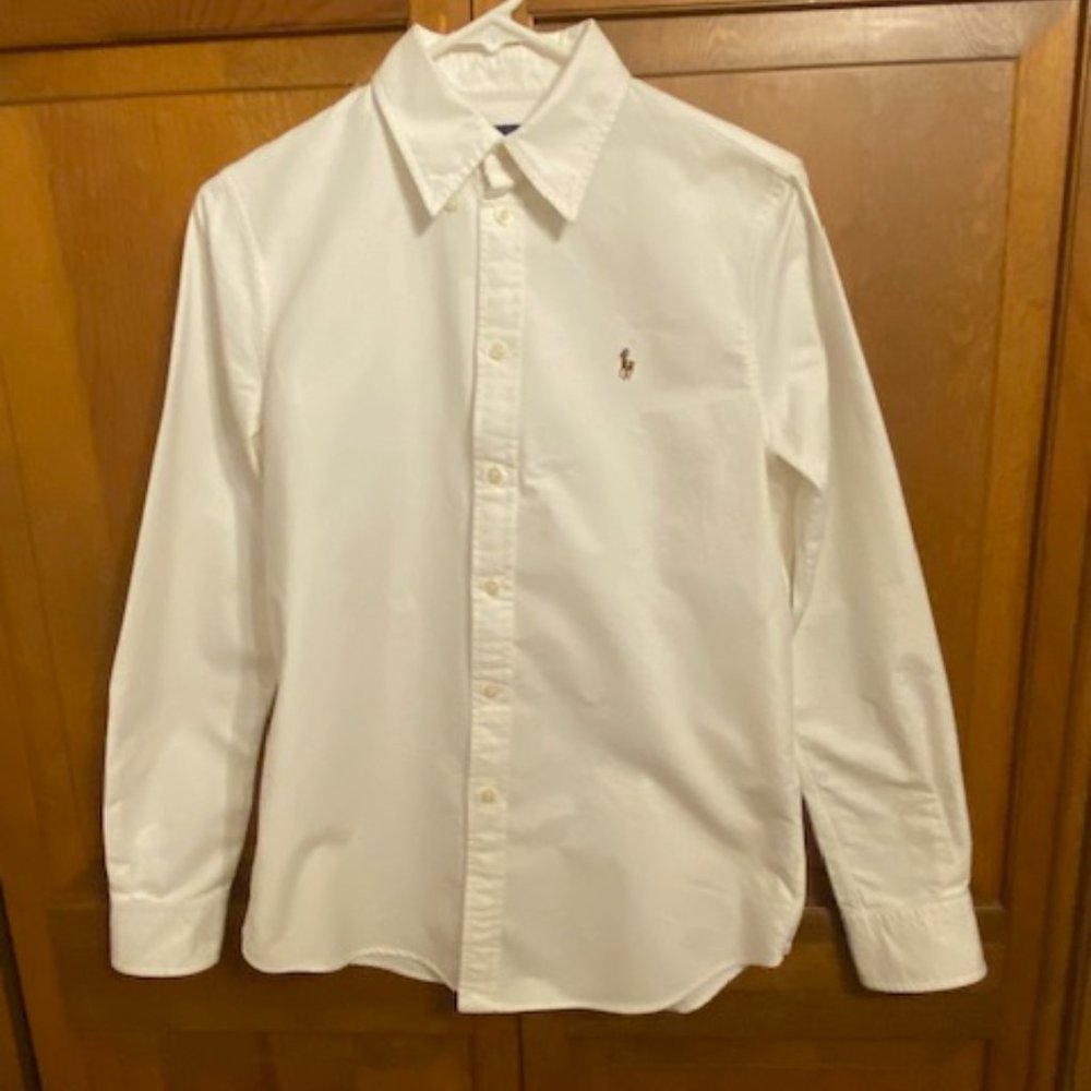 Ladies Ralph Lauren Cotton Long Sleeve Shirt White Color Size Large
